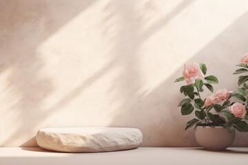 Rose minimalistic abstract empty stone wall mockup background for product presentation. Neutral industrial interior with light, plants, and shadow 
