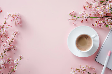 Flat lay freelancer white coffee cup sits on a table with pink flowers on table with copy space