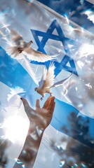 A woman's hand reaches out to a white dove against the background of the sky and the developing Israeli flag
