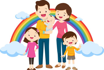 Fototapeta premium Happy big family standing with house ,rainbow