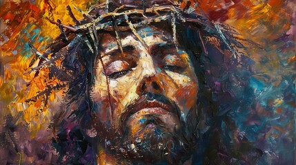 prayerful jesus with crown of thorns eyes closed colorful oil painting portrait