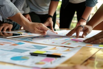 Fototapeta premium teamwork meeting discussing a new project and hand pointing graph on paperwork