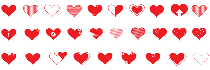 Hearts. Vector stilyzed red hearts set, isolated on white background. Symbols, signs flat icons. Love, valentine icon collection. Red heart symbol.