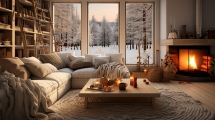 Cozy living room with fireplace in winter.