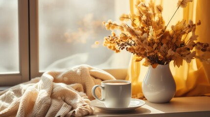 Cup of coffee and bouquet of yellow flowers on windowsill