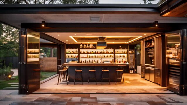 Modern outdoor home bar with illuminated shelves and seating area at night.