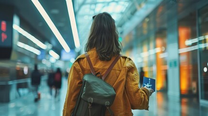 rear view of woman walking to departure gate at airport holding passport and boarding pass travel photography - Powered by Adobe