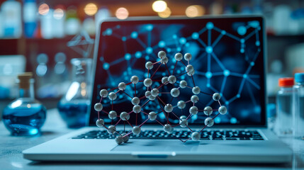 Researcher's Laptop Displaying Molecular Model in Lab Setting
