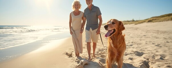 Naklejka premium Mature couple walking dog on sunny beach