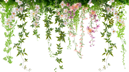 An arrangement of hanging flowers and creepers on a sunny day, with a clear blue sky backdrop, isolated on transparent background