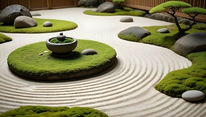 Serene Zen Garden With Raked Gravel And Moss Pea