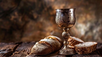 sacred eucharistic symbols chalice of wine and bread holy communion still life