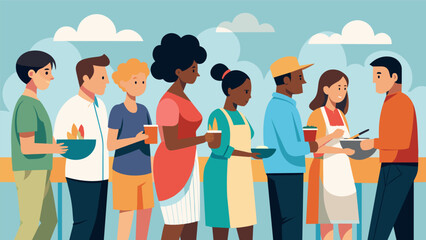 A diverse group of people eagerly waiting in line to try the different barbecue dishes at the Juneteenth cookoff coming together to celebrate freedom. Vector illustration