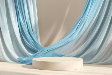 3D display podium, with blue color cloth curtain.