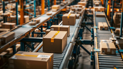 A busy distribution center with conveyor belts transporting packages for shipping