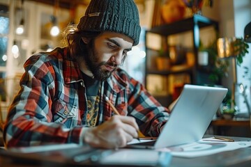 Young Freelance Designer Masterfully Crafting Digital Art on Tablet in the Comfort of Home Space