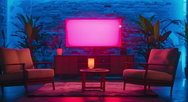 Cozy TV interview set with plush seating warm lighting inviting atmosphere. Concept TV Interviews, Cozy Set, Plush Seating, Warm Lighting, Inviting Atmosphere