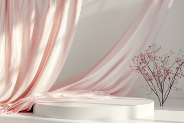 3D display podium, white background with pedestal and light rose color cloth curtain.