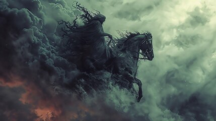 Abaddon riding a surreal steed made of shadows and smoke