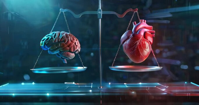 Captivating 3D concept of brain and heart balance on scales, symbolizing mental and physical health harmony, ideal for medical and psychological themes