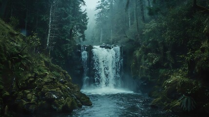 A secluded waterfall hidden deep within a verdant forest, with the misty spray enveloping a blank frame, hinting at untold stories