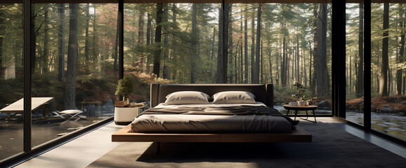 A minimalist bedroom with a platform bed and floating nightstands, framed by a wall of windows...