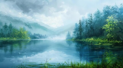 serene morning mist over tranquil lake surrounded by lush green forest nature landscape oil painting