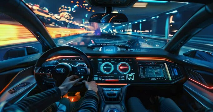 AI Content Generation. Driver interacts with AI assistant on car's interactive dashboard