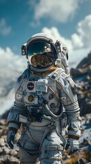 Astronaut Braving the Harsh Alien Terrain in Protective Spacesuit