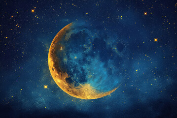 Large yellow and blue moon is surrounded by stars in the night sky. The moon is the main focus of the image, and the stars are scattered around it, creating a sense of depth and vastness