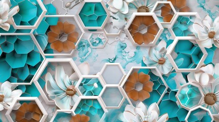 Turquoise and blue elements blend with white lattice and brown hexagons in this abstract mural.