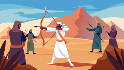 Fototapeta premium In the deserts of the Middle East Bedouin tribes pass down the tradition of camelback archery a martial art developed for hunting on horseback.