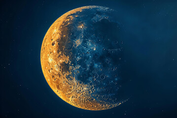 Close up of a large orange and blue moon. The orange and blue colors give the moon a warm and inviting appearance. The blue sky in the background adds to the peaceful and serene mood of the image
