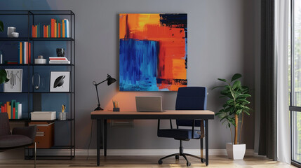 A modern home office with a floating desk, sleek shelving, and a vibrant abstract canvas.