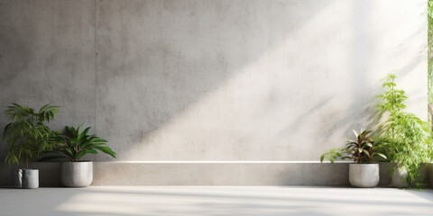 Silver minimalistic abstract empty stone wall mockup background for product presentation. Neutral industrial interior with light, plants