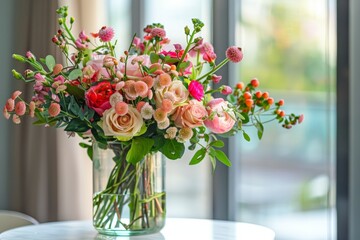 Beautiful bouquet of fresh flowers in vase indoors.