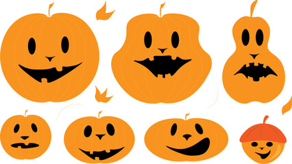 The main symbol of the Halloween holiday. A collection of orange pumpkins with a smile. Vector illustration