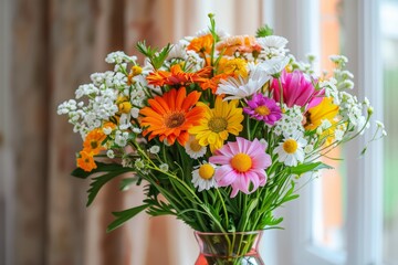 Fototapeta premium Beautiful bouquet of fresh flowers in vase indoors.