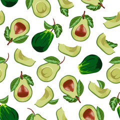Avocado pattern on a transparent background. Whole and cut avocado on a transparent background in color vector illustration.