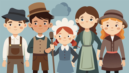 A group of children dressed in childrens roles from the Victorian era such as a chimney sweep street urchin or governess showcasing the social classes. Vector illustration