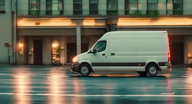 Blurry city street background with white delivery van in fast motion. Concept City Street Photography, Motion Blur Effect, Urban Delivery Vehicles, Fast Moving Scenes, Blurred Backgrounds
