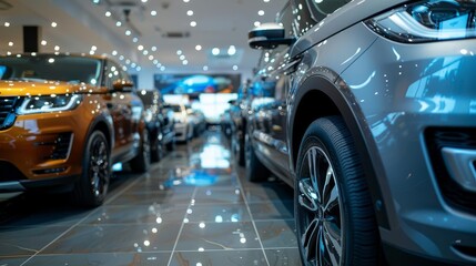 shiny new cars displayed in modern showroom waiting for customers automotive photography