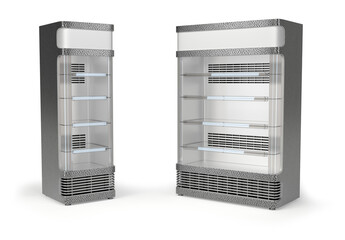 Refrigerated showcases with glass doors. 3d illustration set on white background