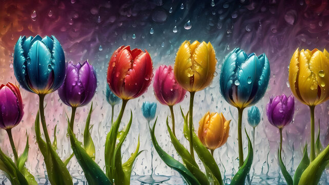 colorful multi-colored tulips with water drops on an abstract fractal background. bright flowers. illustration