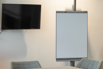 Well lit flipchart conference room monitor wall