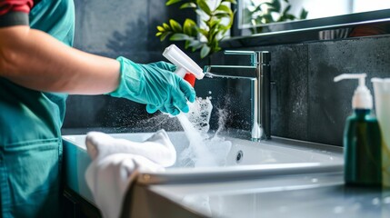 A person wearing gloves cleaning a bathroom sink with a spray and cloth, emphasizing cleanliness