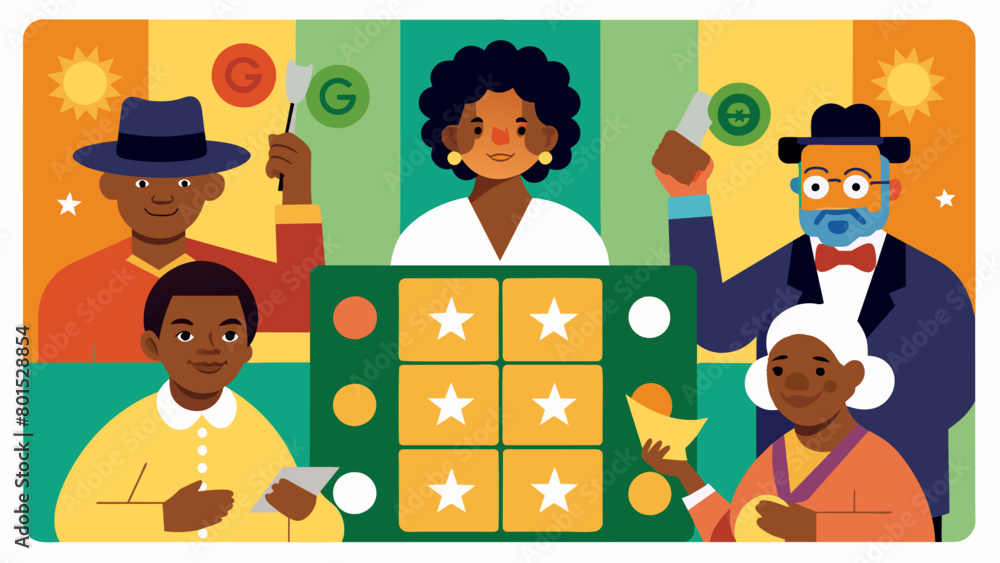 Poster a lively game of bingo at a community center with each square featuring a fact or historical figure 