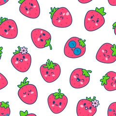 Cute happy strawberry character emoticon. Seamless pattern. Kawaii cartoon fruit. Hand drawn style. Vector drawing. Design ornaments.