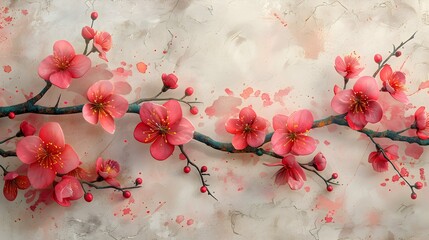 Oriental traditional poster design with watercolor texture and cherry blossom icons. Abstract pattern. oil paint,