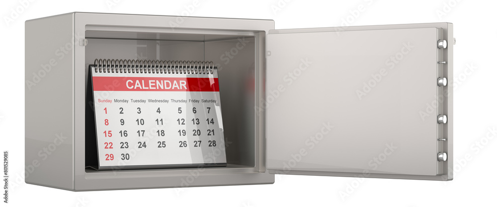 Poster desk calendar inside safe with combination lock, 3d rendering isolated on transparent background